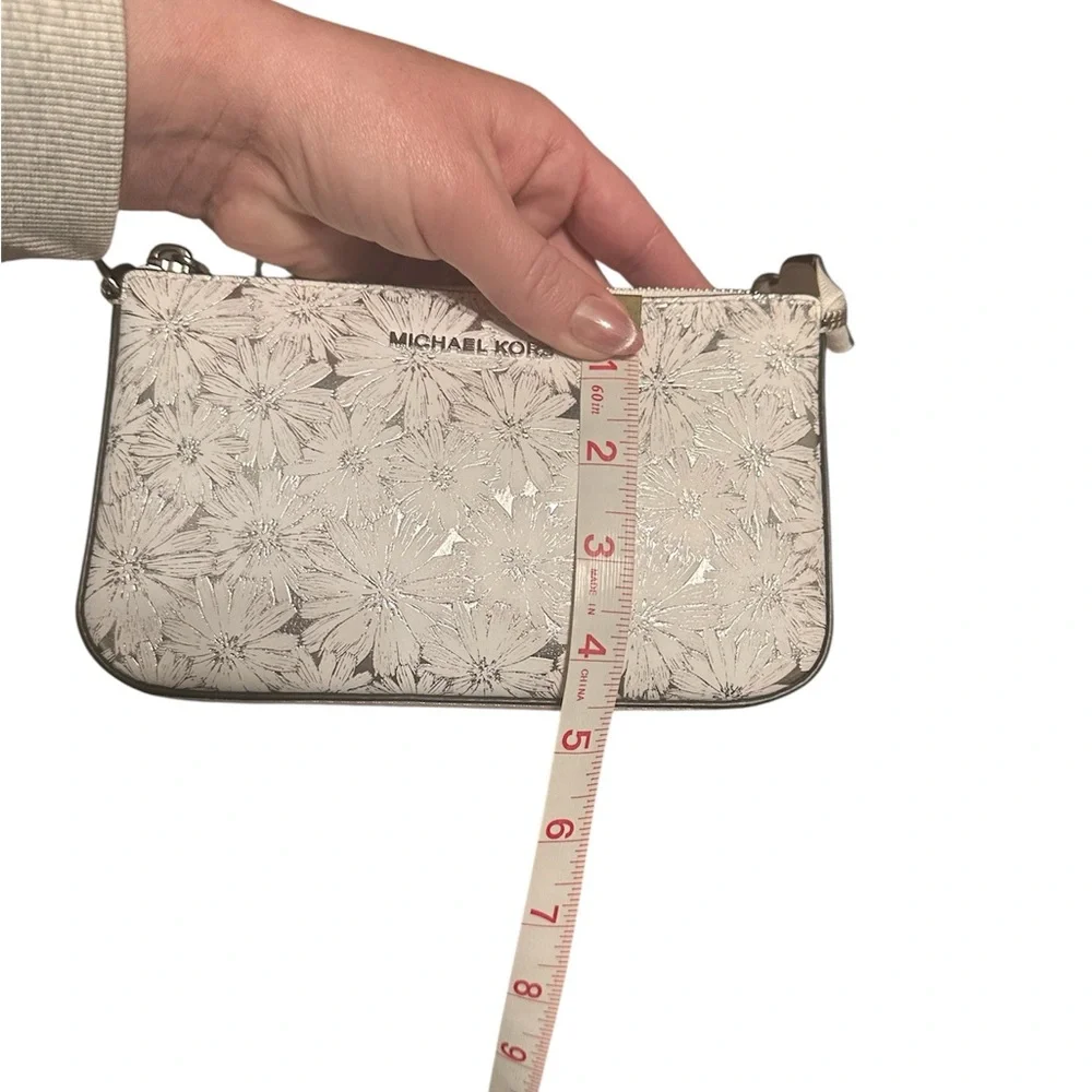 White & Silver Michael Kors Chain Pouchette in Metallic Floral Embossed Leather
